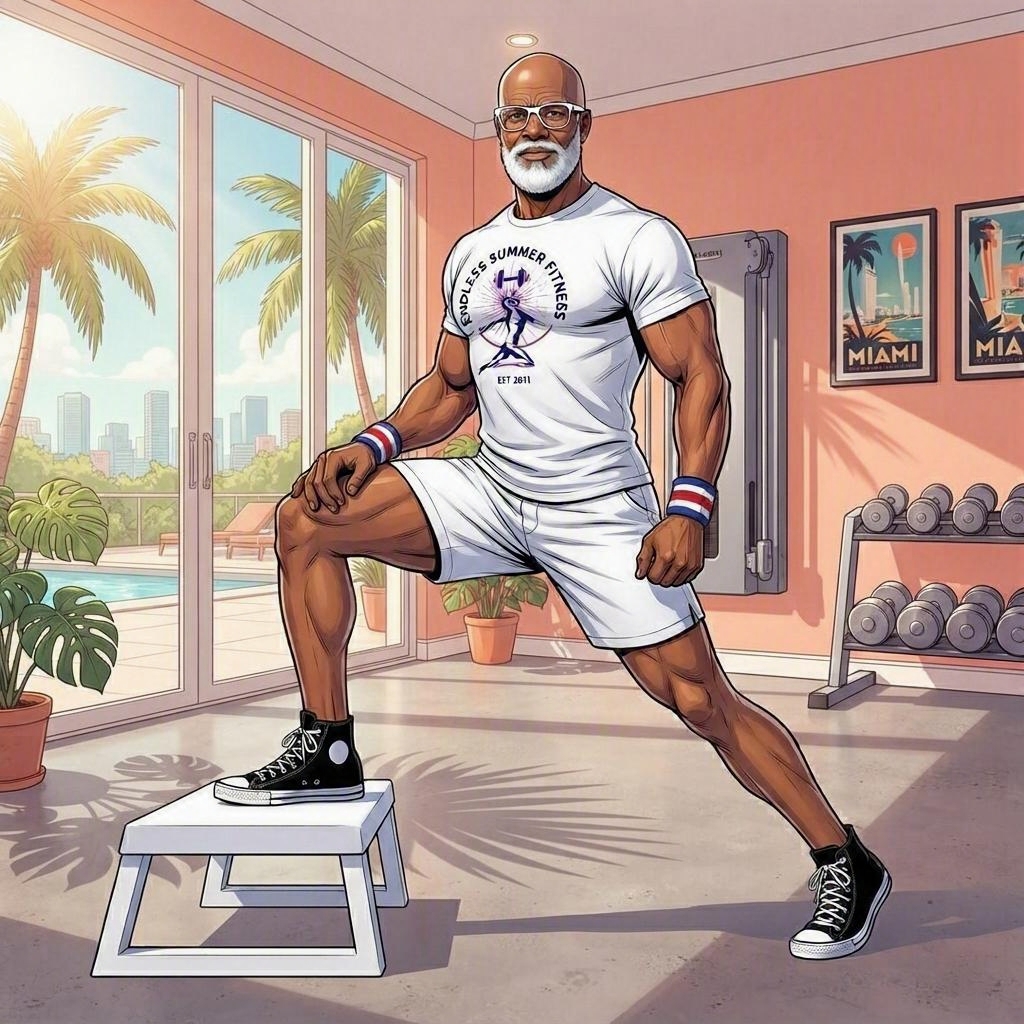 Hip Mobility Fixes for Over‑40. ESF coach performing an elevated hip flexor stretch in bright Miami daylight.