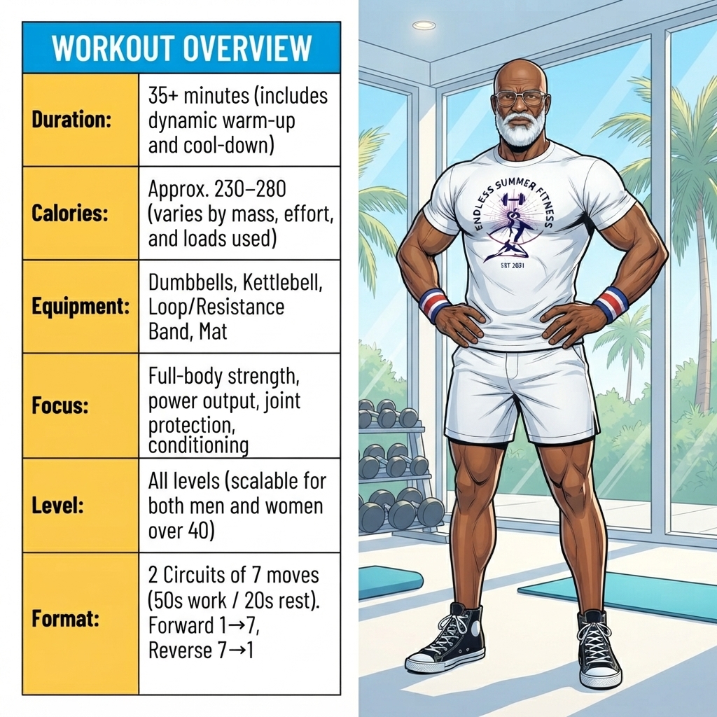 Low-Impact Circuits. A stylized ESF workout overview card featuring the older, muscular ESF coach with a bald head, white beard, and glasses standing in a bright Miami home gym. On the left side, a clean two‑column table lists the workout details: 35‑plus‑minute duration, 230–280 calories, dumbbells, kettlebell, resistance band, and mat, full‑body strength and conditioning focus, all‑levels scaling, and a two‑circuit switchback format.