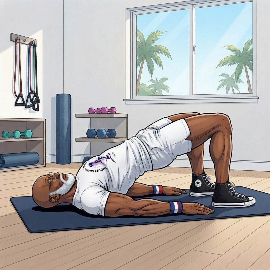 Get Strong After 40. Illustration of a fit older man performing a dumbbell squat in a bright home gym, wearing an Endless Summer Fitness shirt, surrounded by organized equipment and Miami daylight through large windows.