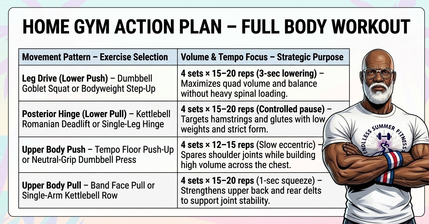 Strength Tips for 40+ Lifters. Workout card titled Home Gym Action Plan – Full Body Workout showing four movement patterns with exercises, sets, reps, and strategic purpose, alongside the Endless Summer Fitness coach illustration on the right.