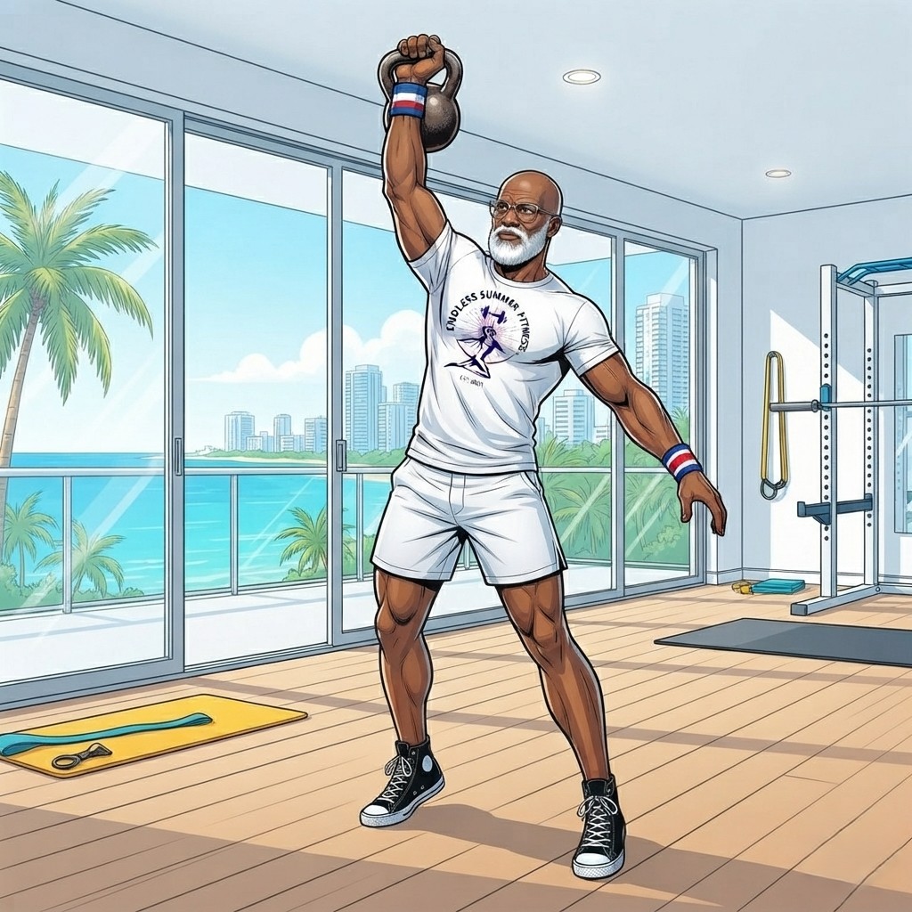 An older, muscular ESF coach with a bald head, white beard, glasses, and an Endless Summer Fitness T‑shirt performs a single‑arm kettlebell rotational press inside a bright Miami home gym with palm trees visible through large glass doors.