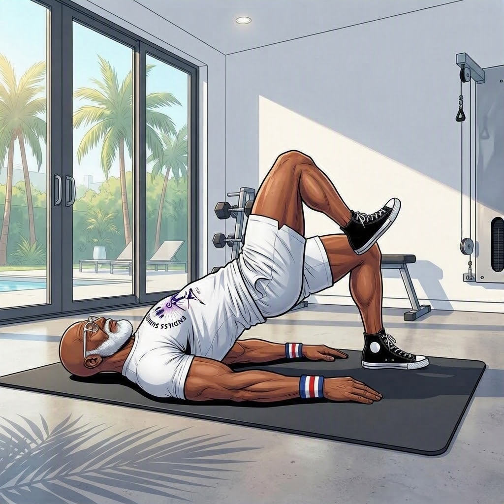 ESF coach performing a glute bridge with march inside a bright Miami home gym.