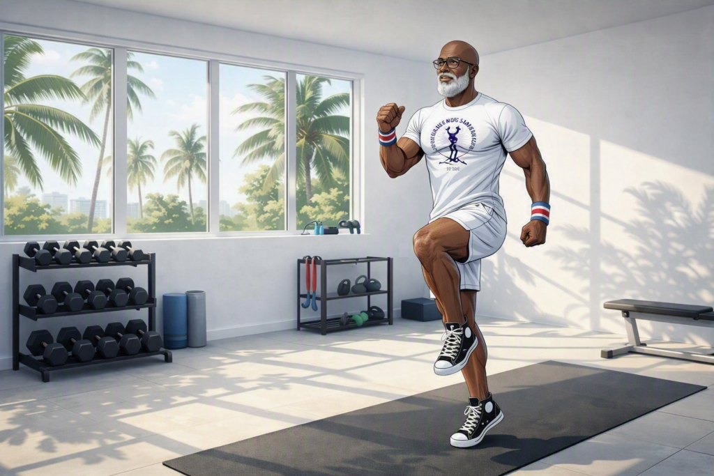 Illustration of a fit adult over 40 performing a low‑impact cardio circuit in a bright home gym with organized equipment and Miami daylight streaming through large windows.