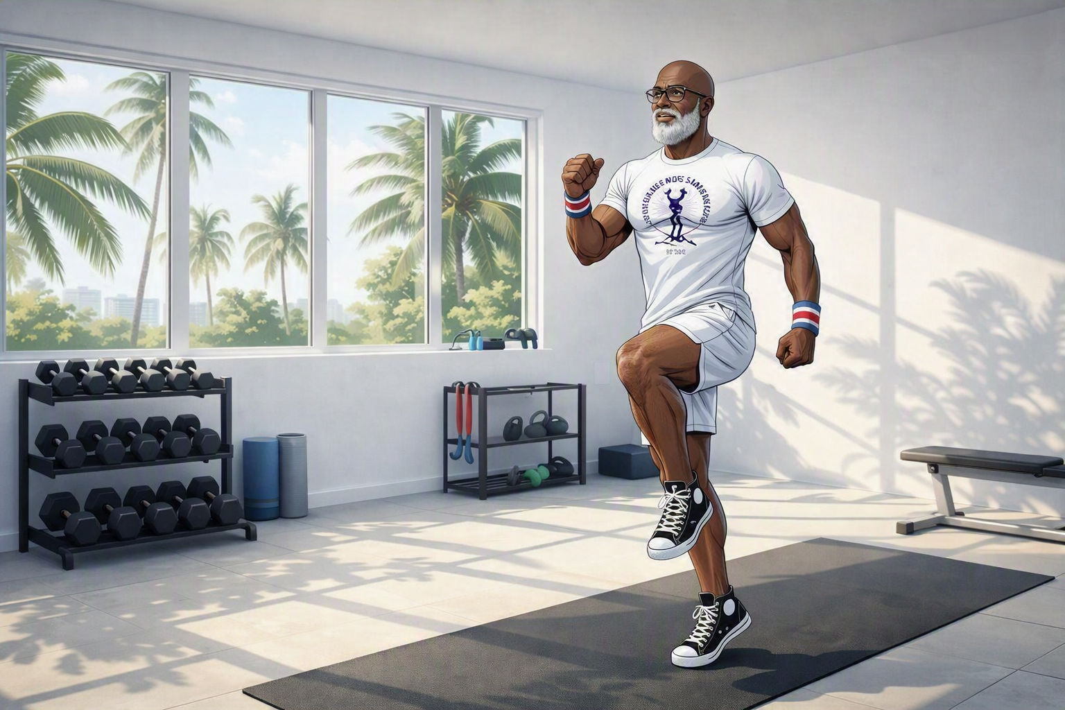 Illustration of a fit adult over 40 performing a low‑impact cardio circuit in a bright home gym with organized equipment and Miami daylight streaming through large windows.