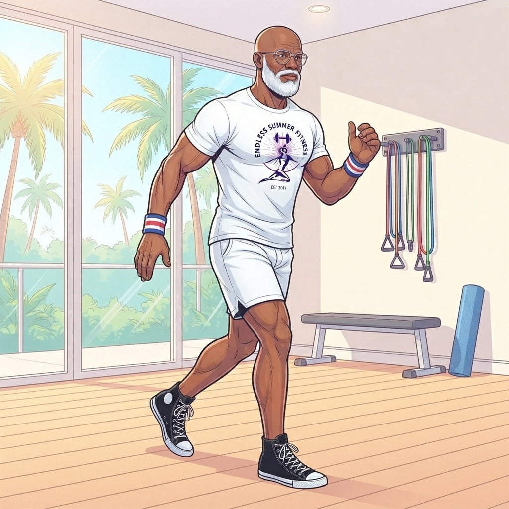 Low‑Impact Cardio Moves. Illustration of an adult over 40 performing low‑impact skaters in a clean home gym with Miami daylight filling the room.