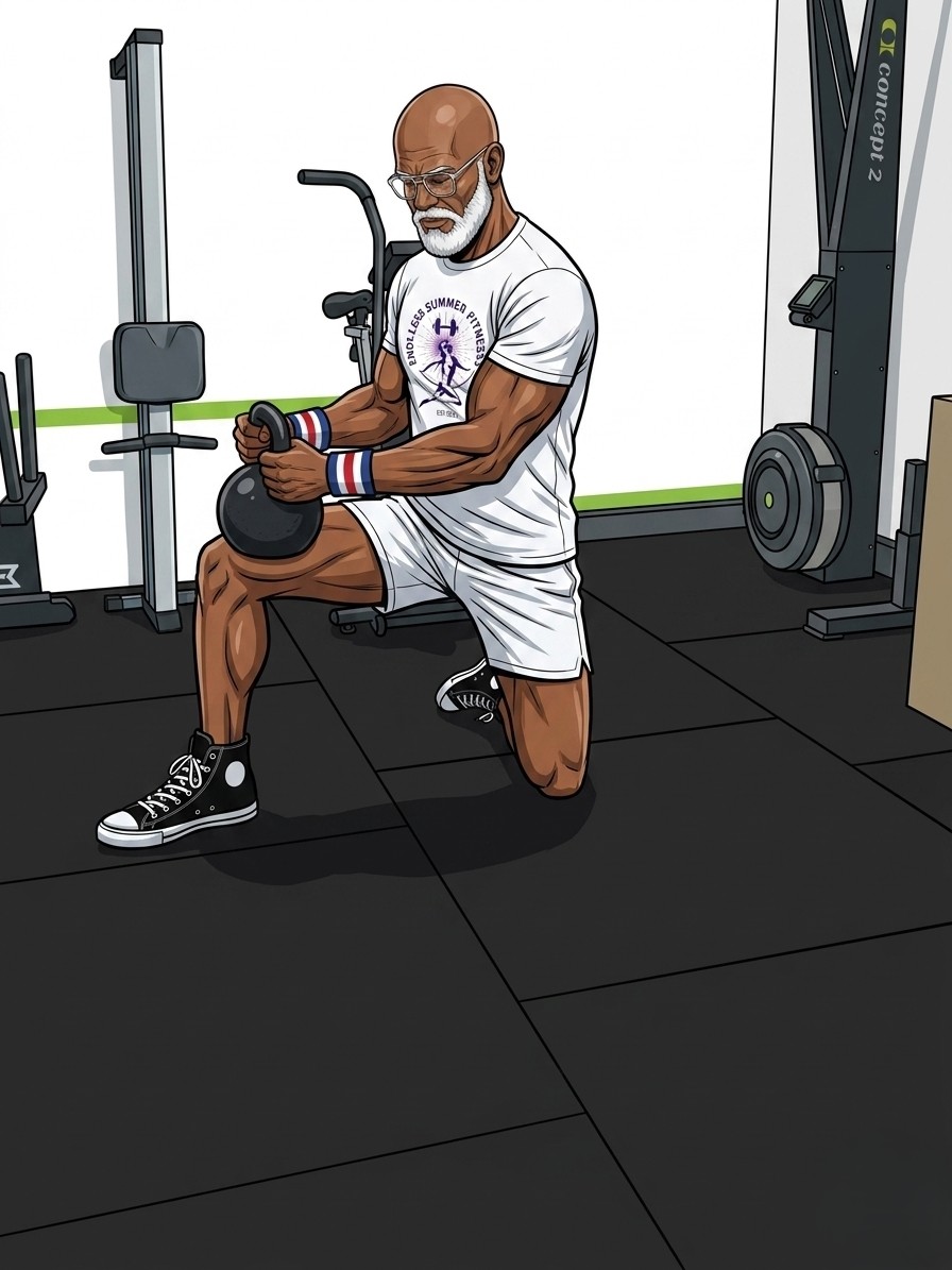 Hip Mobility Fixes for Over 40 Bodies. Muscular older man kneels on one knee in a gym while holding a kettlebell with both hands, wearing a white Endless Summer Fitness outfit, black high‑top sneakers, and red‑white‑blue wristbands, with various exercise machines in the background.