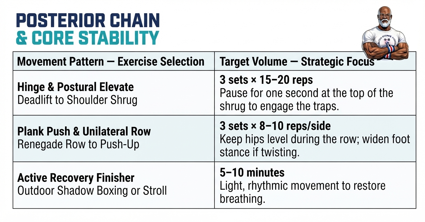 Hybrid Exercises for Over 40 Adults. Card 2 (Posterior Chain & Core Stability): ESF Matrix Card titled "POSTERIOR CHAIN & CORE STABILITY" featuring a 2-column exercise table for deadlifts, renegade rows, and outdoor shadow boxing, with the illustrated ESF coach in the top-right corner.