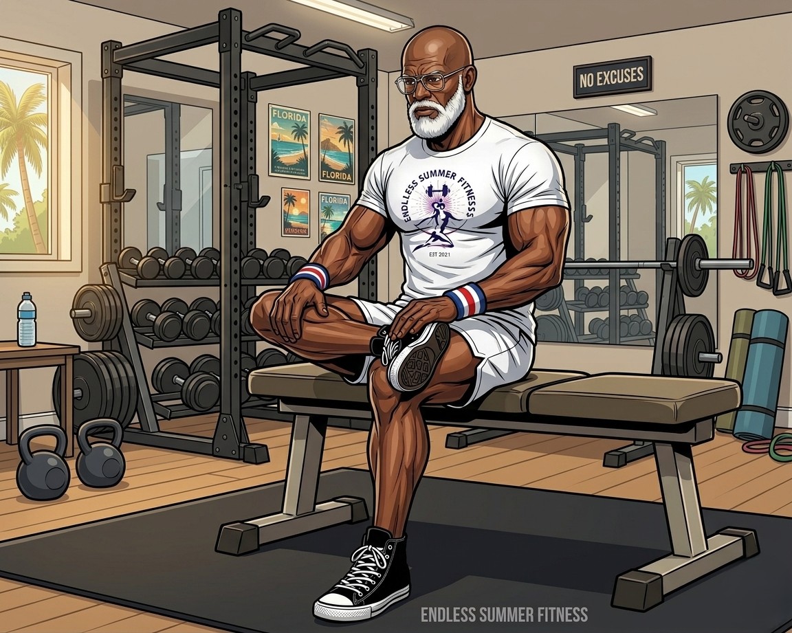 ESF Coach sitting on a bench performing a seated figure‑four stretch with one ankle crossed over the opposite knee and leaning forward slightly.