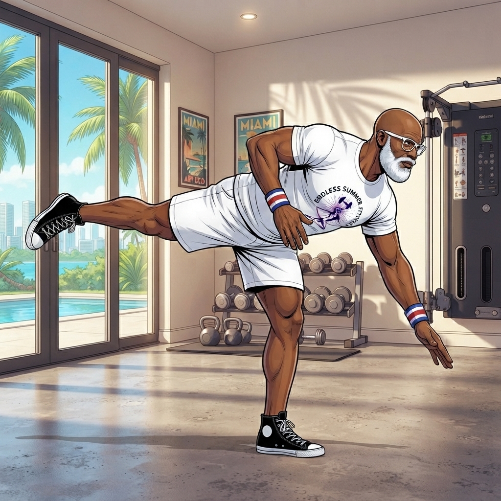 Single‑Leg Hip Hinge Reach. ESF coach performing a Single‑Leg Hip Hinge Reach in bright Miami daylight.