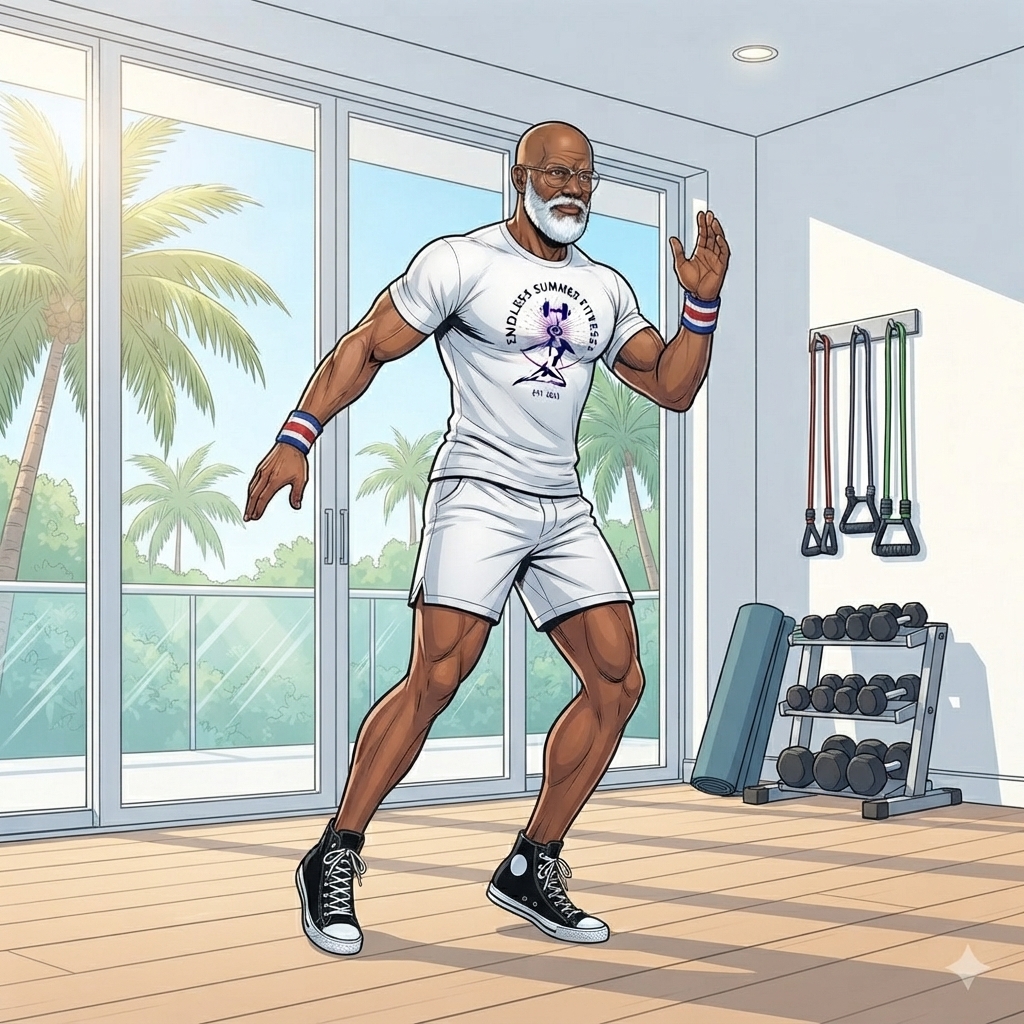 Low‑Impact Cardio Moves. Illustration of an adult over 40 marching in place inside a tidy home gym with organized equipment and bright Miami daylight.