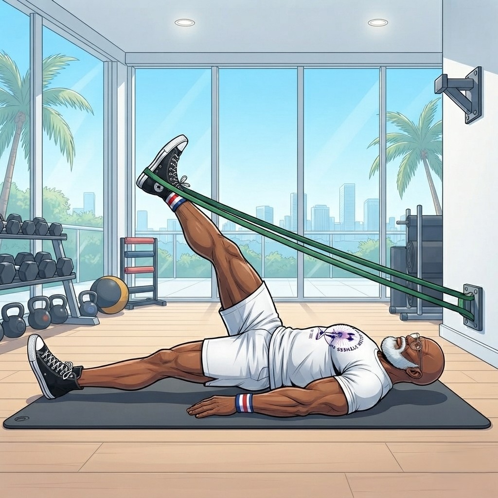 ESF Coach lying on a mat in a bright Miami‑style home gym performing a supine banded hip distraction, with one leg raised and a green resistance band attached to a wall anchor, surrounded by neatly organized dumbbells, kettlebells, and large windows showing palm trees.
