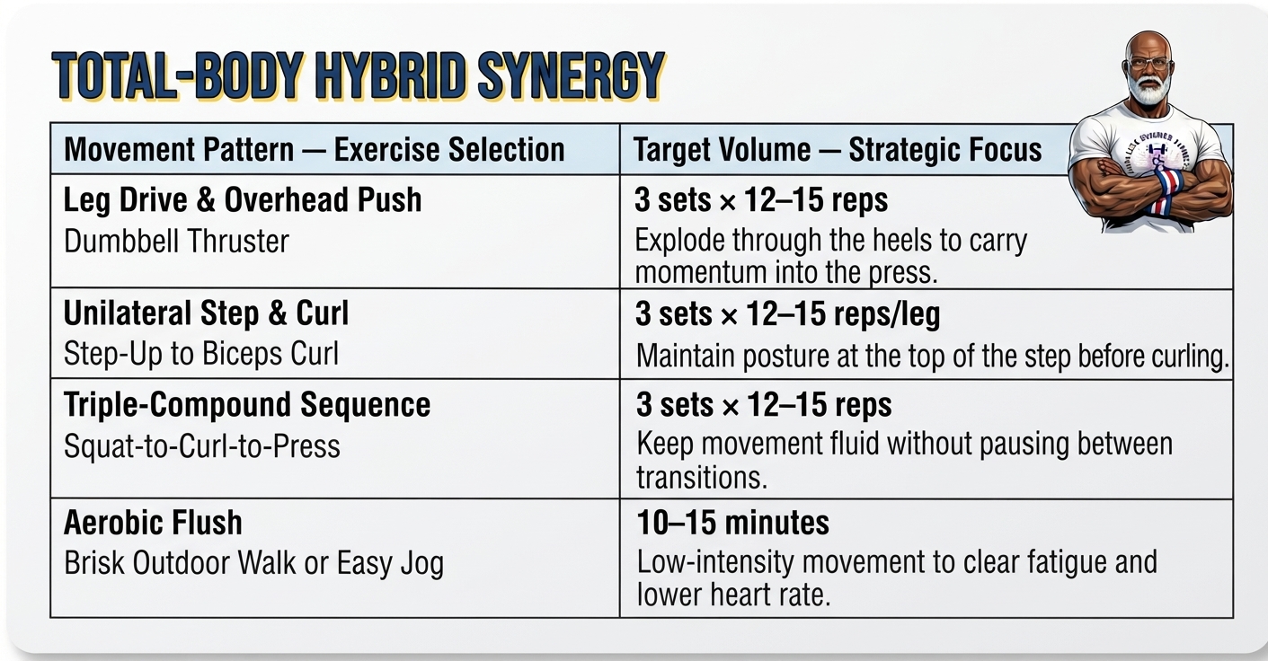 Hybrid Exercises for Over 40 Adults. Card 1 (Total-Body Hybrid Synergy): ESF Matrix Card titled "TOTAL-BODY HYBRID SYNERGY" featuring a 2-column exercise table for dumbbell thrusters, step-up curls, squat-to-curl-to-press, and a brisk walk, with an illustrated muscular coach in the top-right corner.